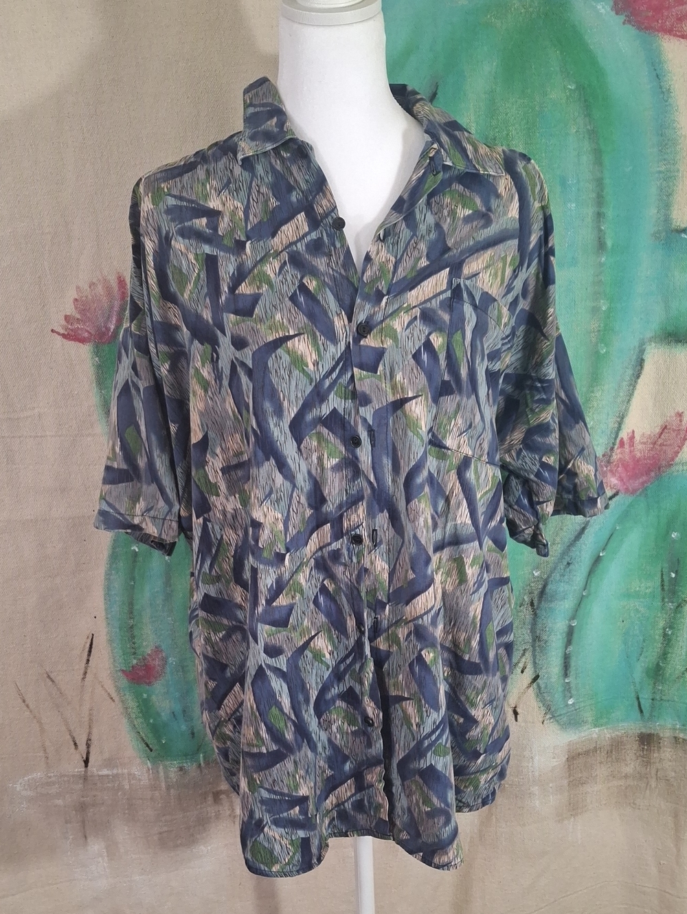 Towncraft Blue and Green Abstract Vintage Large Short-Sleeve Button-Down Shirt